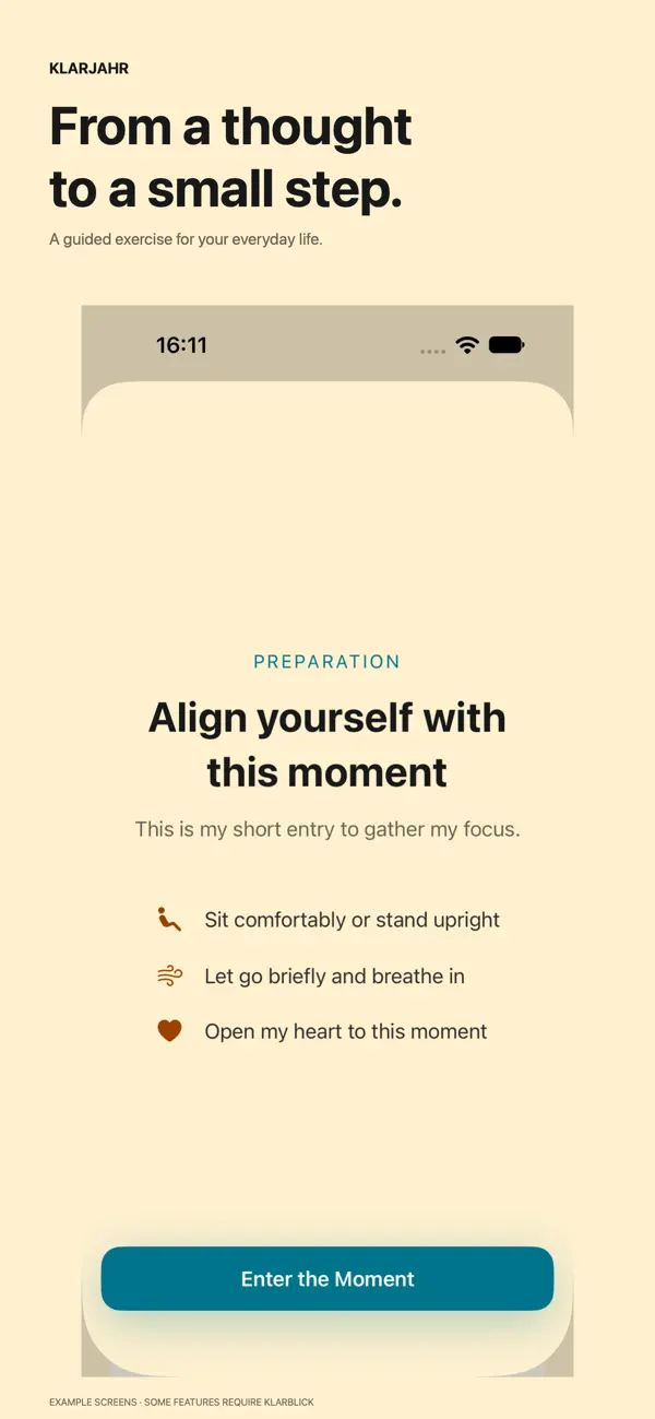 Original Klarjahr App Store preview: guided practice and a moment to pause