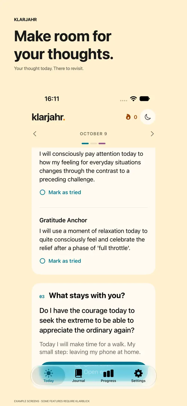 Original Klarjahr App Store preview: personal reflection and saved thoughts