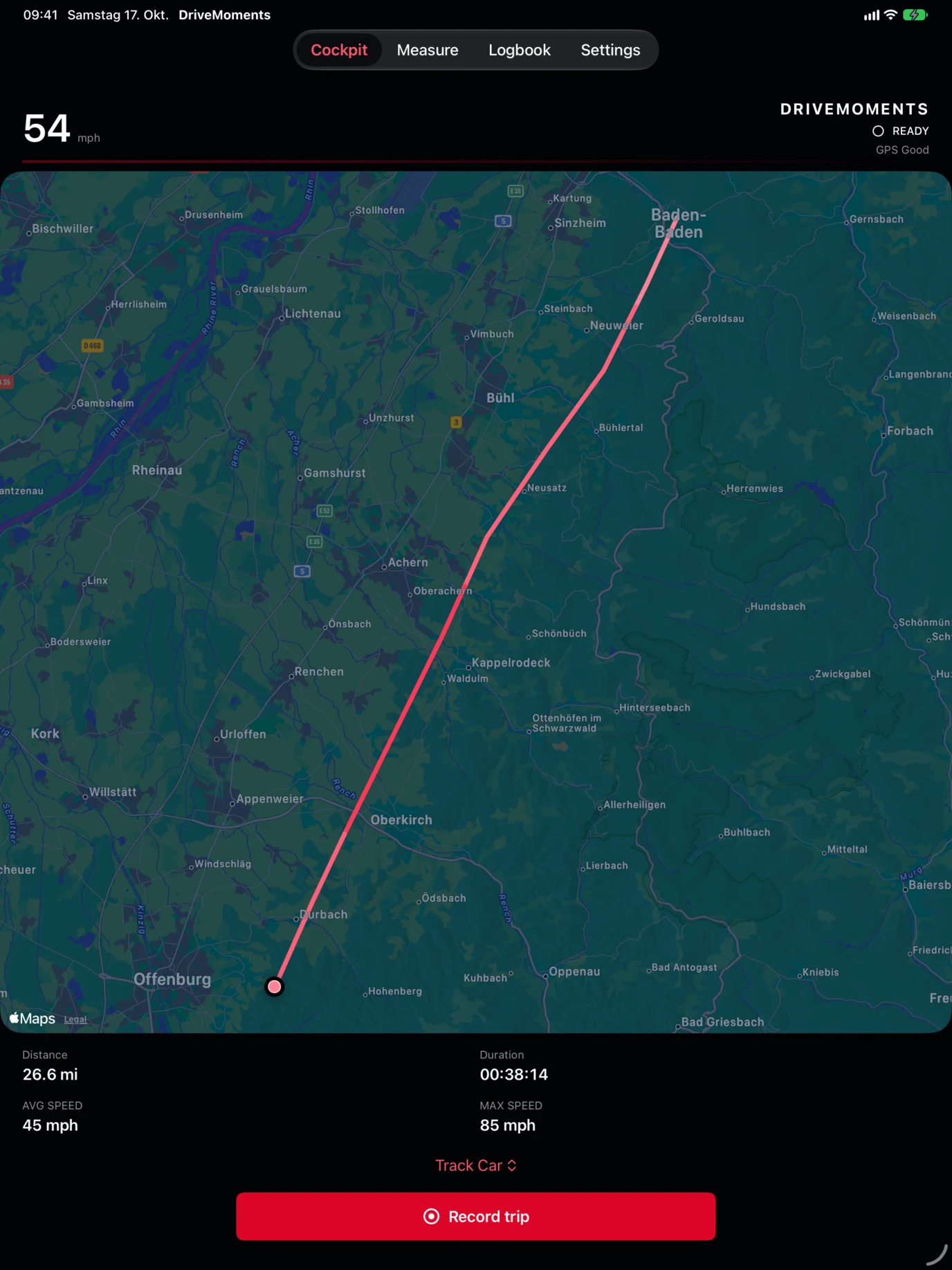 Drive Moments on iPad showing a sample drive and its Apple map