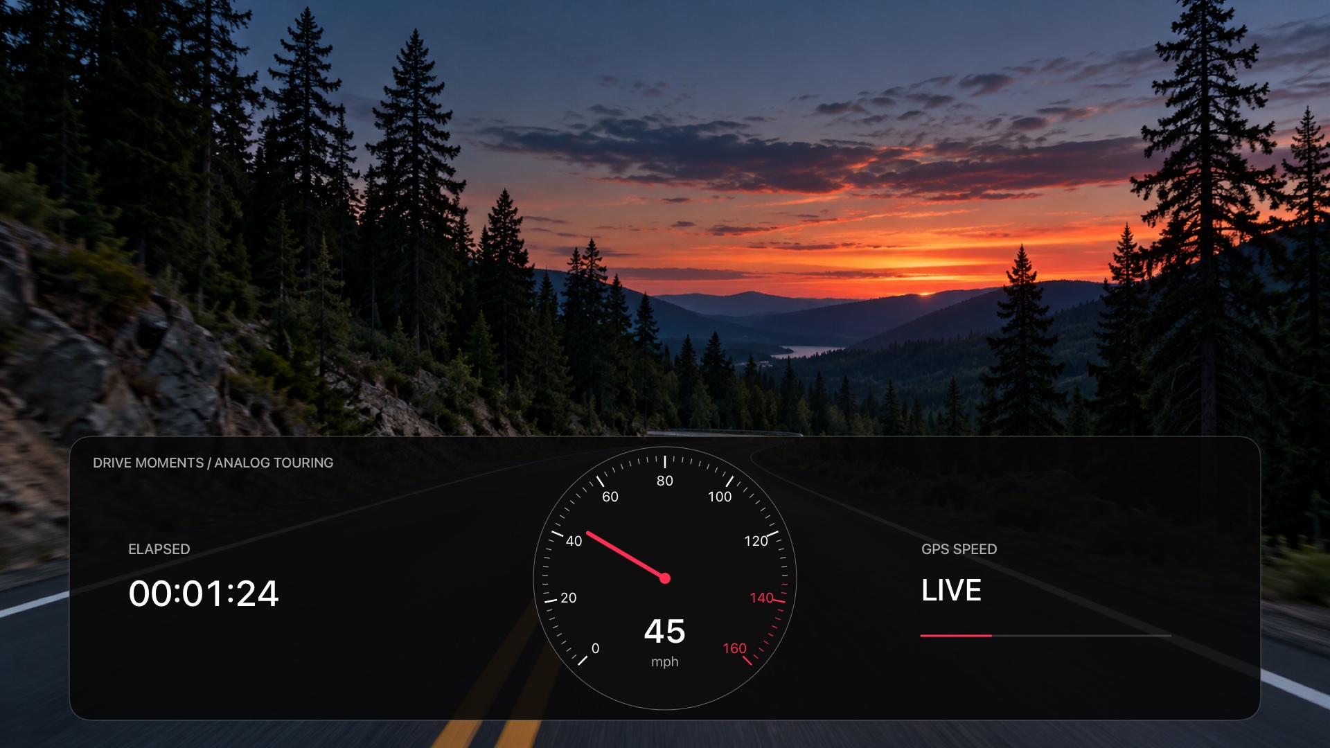 Analog Touring: actual native Drive Moments round speedometer, moving needle and elapsed time, shown with sample readings over an illustrated road