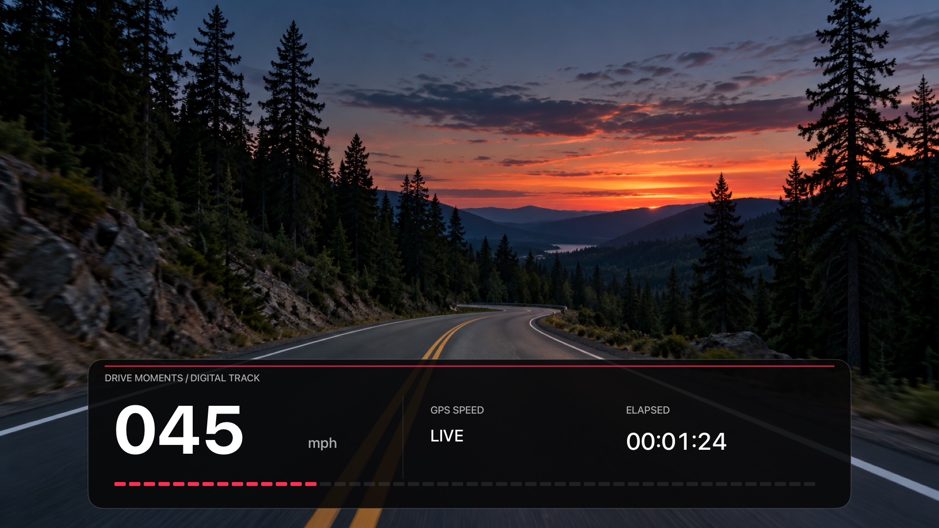 Digital Track: actual native Drive Moments digital speed display, red speed bar and elapsed time, shown with sample readings over an illustrated road